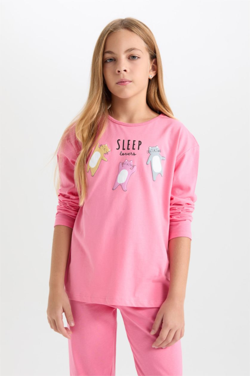 Kız Çocuk - Genç Kız Pembe Kız Çocuk Pijama Takımı Baskılı Uzun Kollu Üst Uzun Alt
