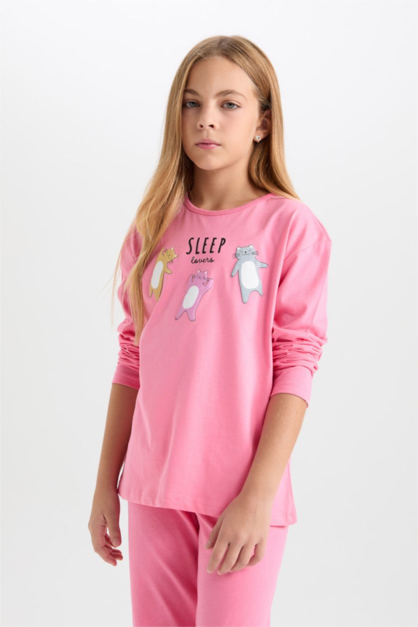 Kız Çocuk - Genç Kız Pembe Kız Çocuk Pijama Takımı Baskılı Uzun Kollu Üst Uzun Alt