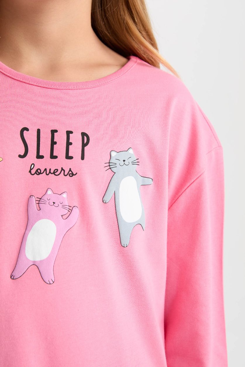 Kız Çocuk - Genç Kız Pembe Kız Çocuk Pijama Takımı Baskılı Uzun Kollu Üst Uzun Alt