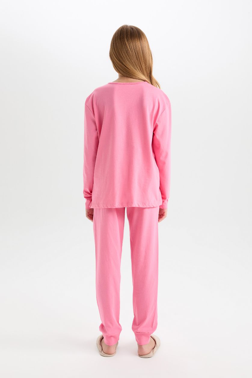 Kız Çocuk - Genç Kız Pembe Kız Çocuk Pijama Takımı Baskılı Uzun Kollu Üst Uzun Alt