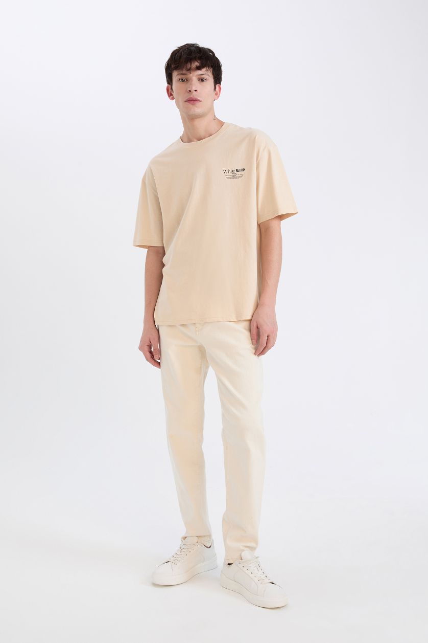 Erkek Taş %100 Pamuk Oversize Geniş Kalıp Bisiklet Yaka Baskılı Kısa Kollu Tişört