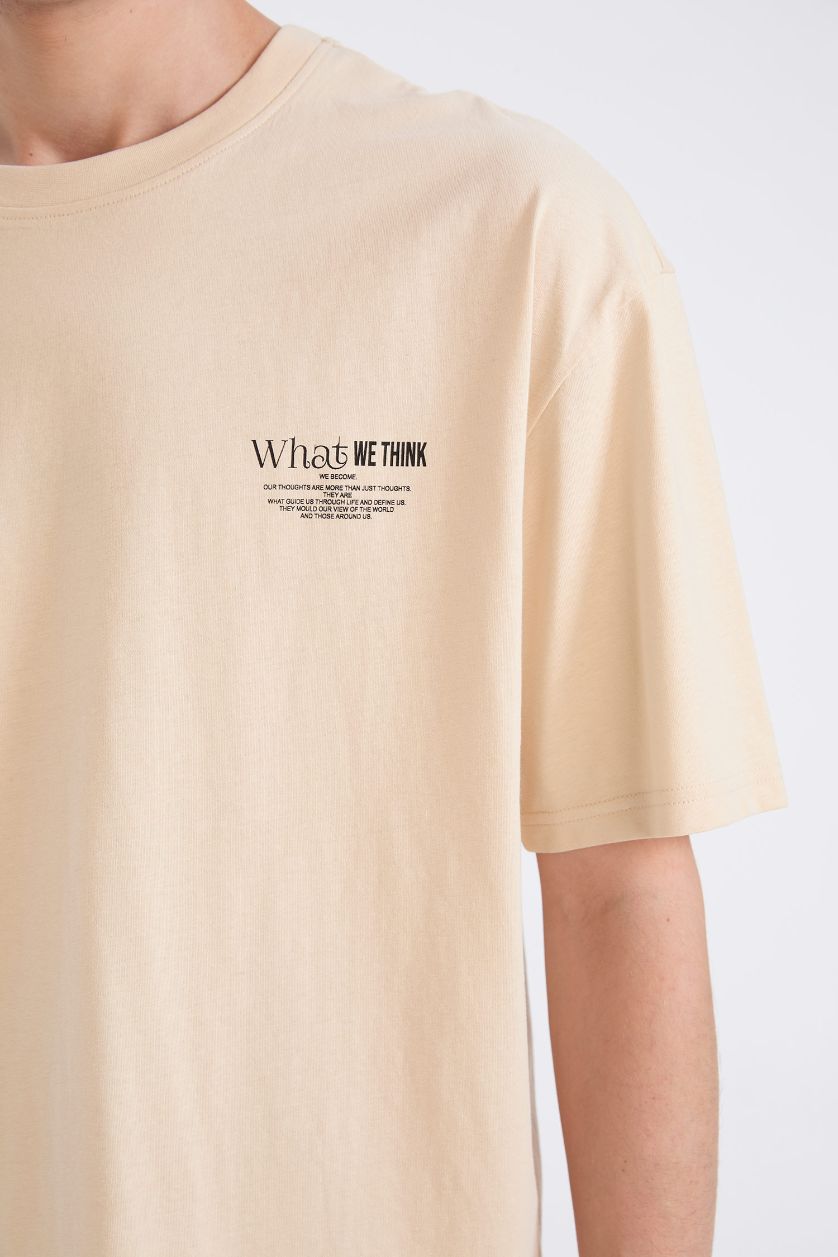 Erkek Taş %100 Pamuk Oversize Geniş Kalıp Bisiklet Yaka Baskılı Kısa Kollu Tişört