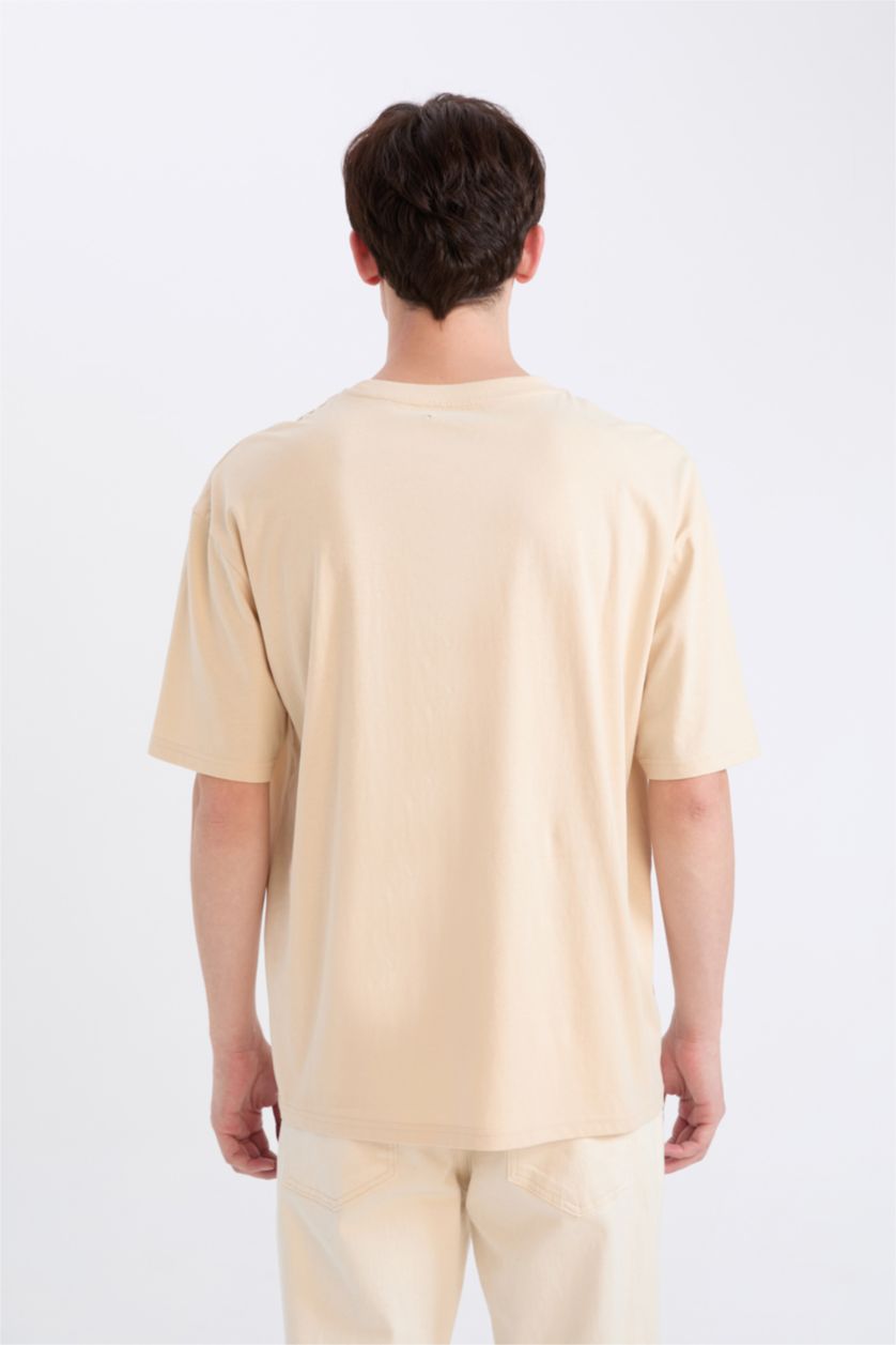 Erkek Taş %100 Pamuk Oversize Geniş Kalıp Bisiklet Yaka Baskılı Kısa Kollu Tişört