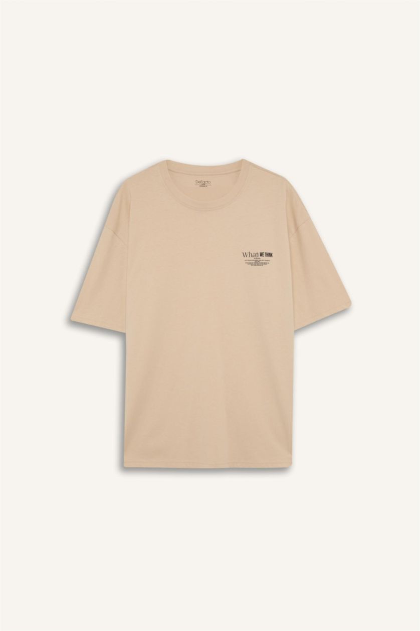 Erkek Taş %100 Pamuk Oversize Geniş Kalıp Bisiklet Yaka Baskılı Kısa Kollu Tişört