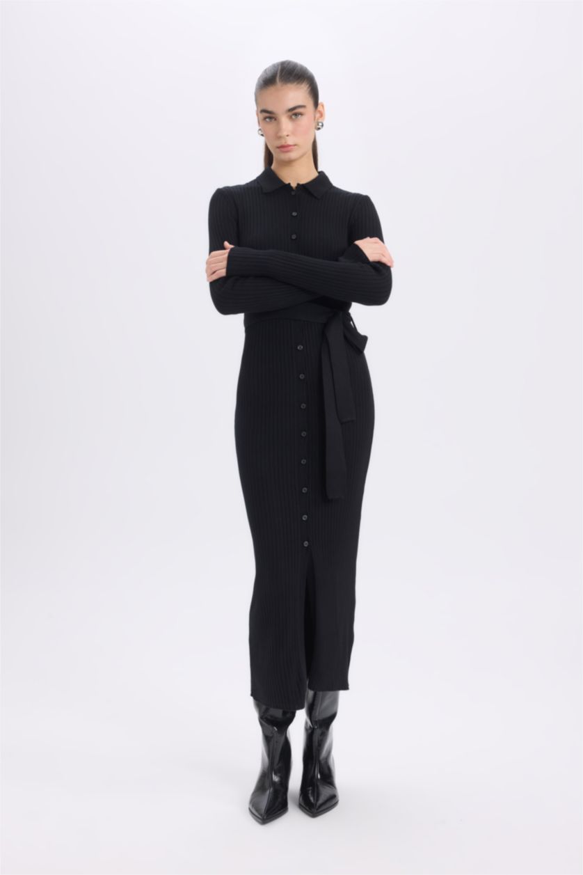 Woman Black Fitted Shirt Collar Long Sleeve Basic Midi Dress