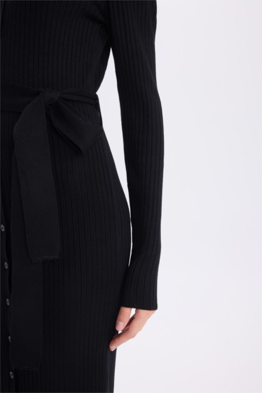 Woman Black Fitted Shirt Collar Long Sleeve Basic Midi Dress