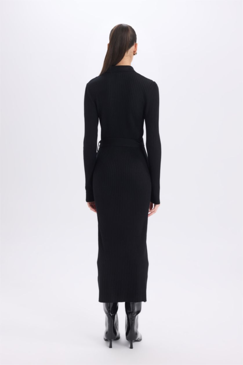 Woman Black Fitted Shirt Collar Long Sleeve Basic Midi Dress
