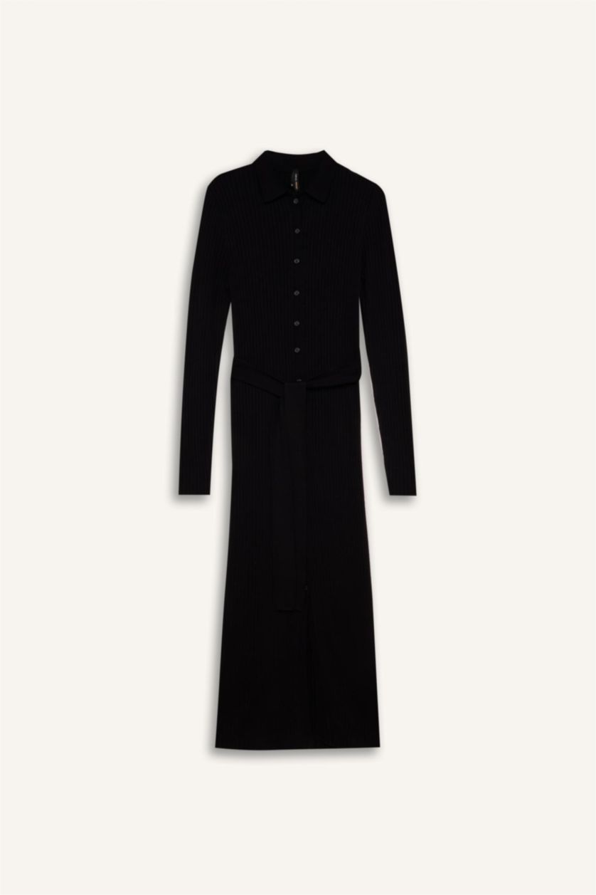 Woman Black Fitted Shirt Collar Long Sleeve Basic Midi Dress