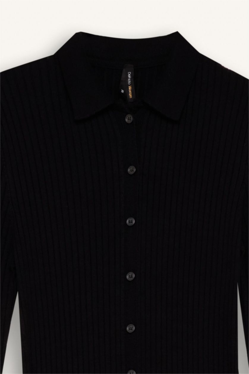 Woman Black Fitted Shirt Collar Long Sleeve Basic Midi Dress