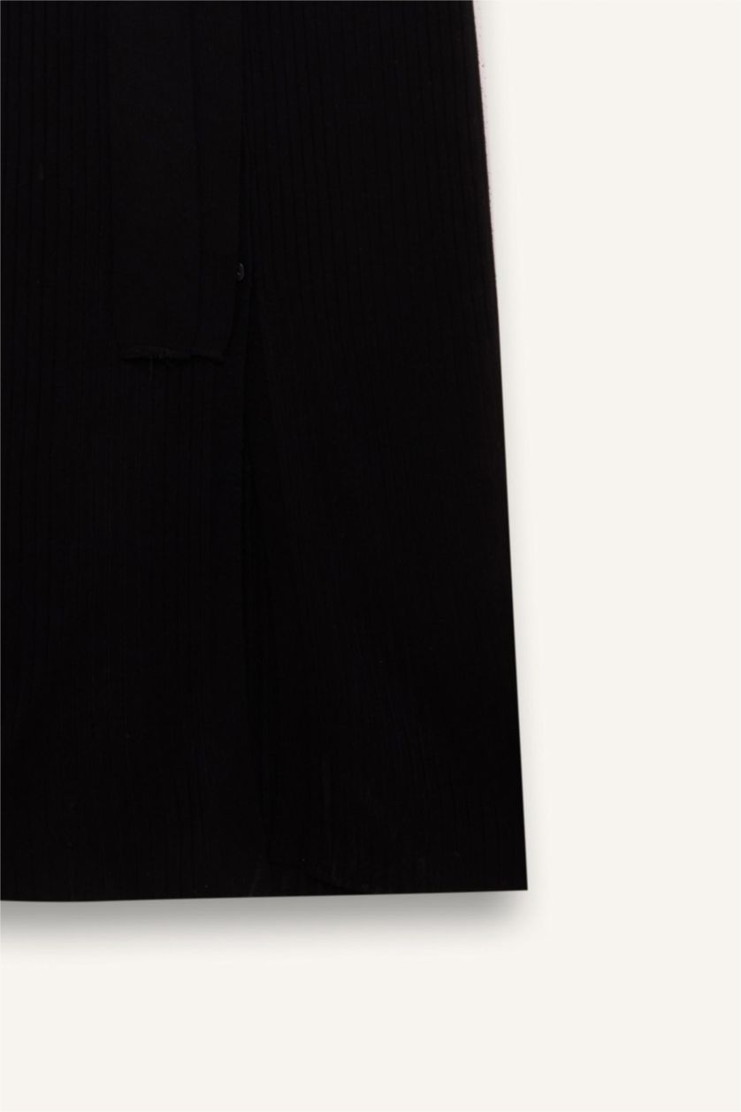 Woman Black Fitted Shirt Collar Long Sleeve Basic Midi Dress