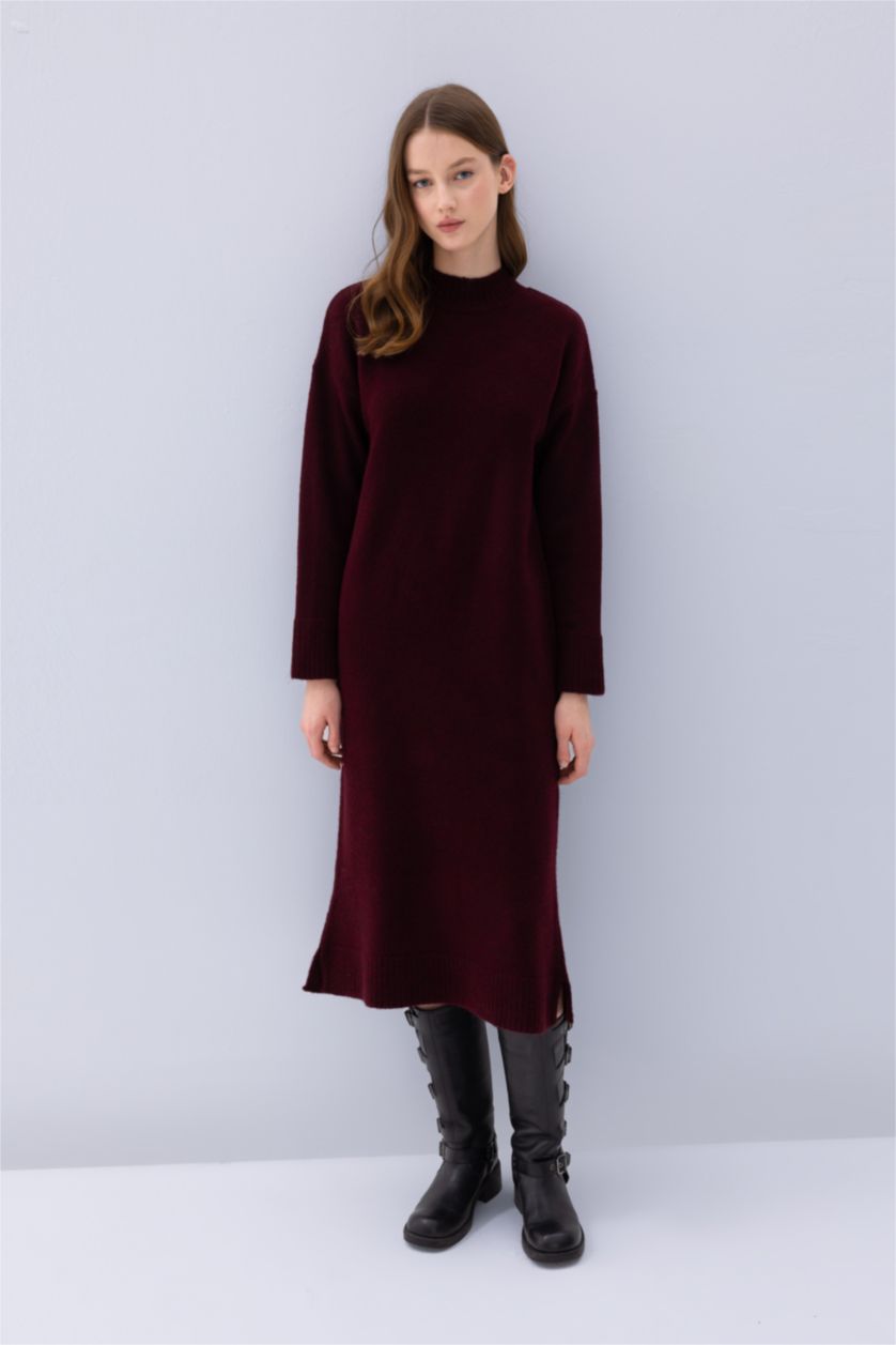 Bordeaux WOMAN Relax Fit Half Turtleneck Midi Knitwear Dress 3195157 | DeFacto Bordeaux WOMAN Relax Fit Half Turtleneck Midi Knitwear Dress 3195157 | DeFacto