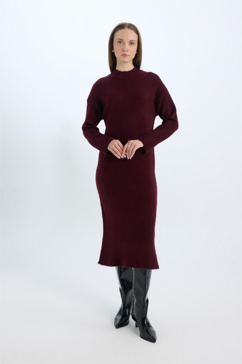 Kadın Bordo Relax Fit Yarım Midi Triko Elbise