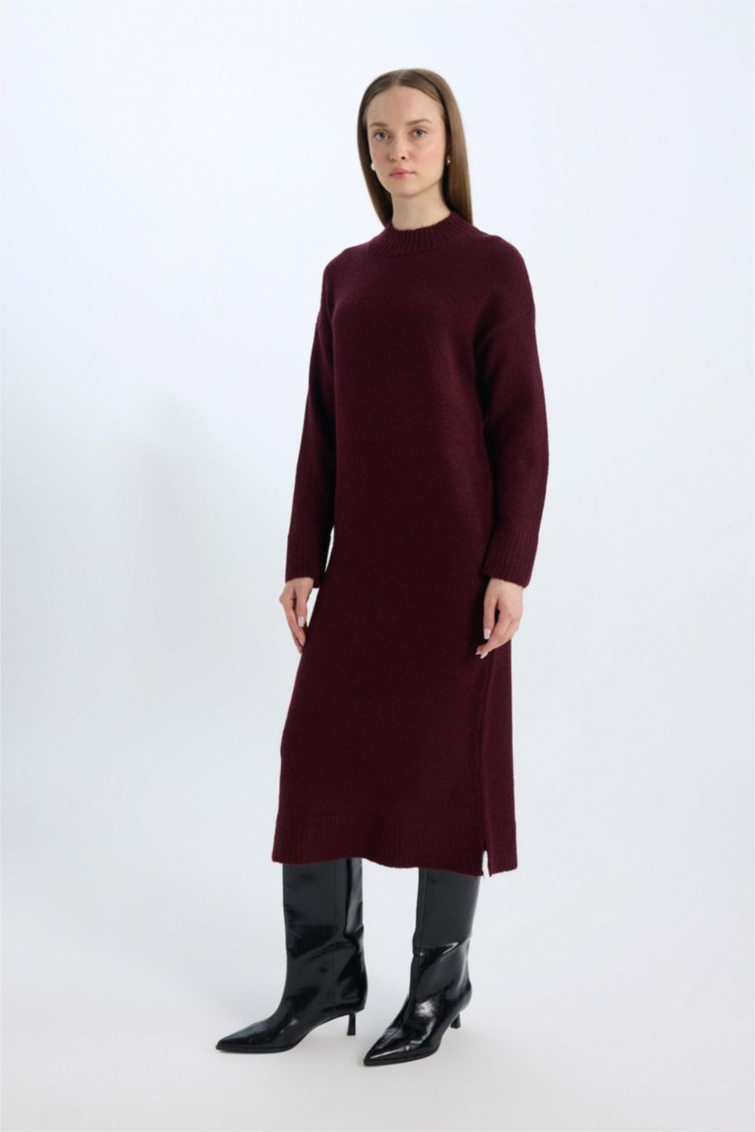 Kadın Bordo Relax Fit Yarım Midi Triko Elbise