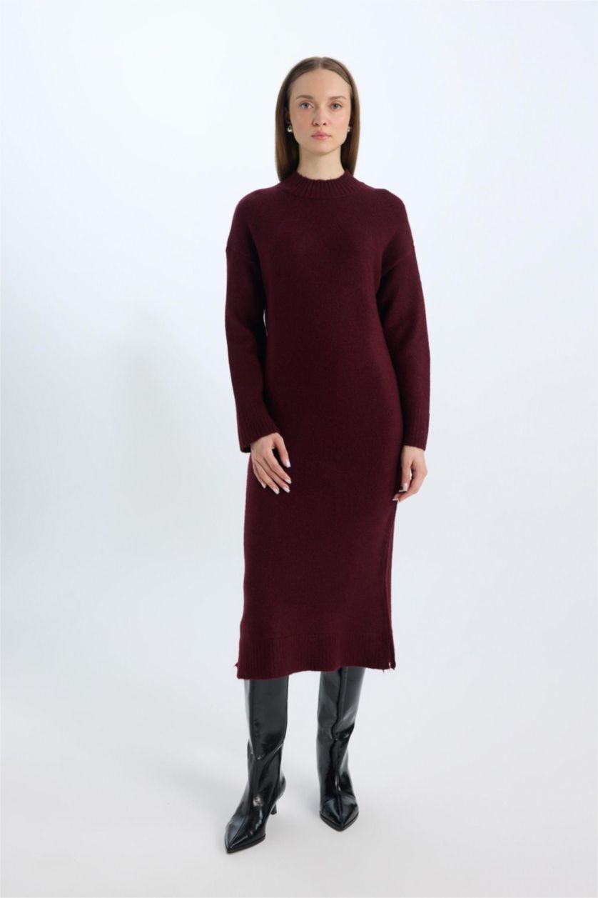 Kadın Bordo Relax Fit Yarım Midi Triko Elbise