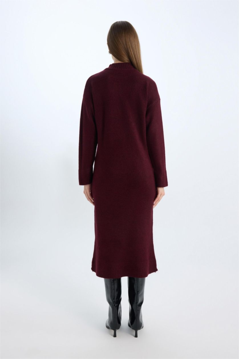 Kadın Bordo Relax Fit Yarım Midi Triko Elbise
