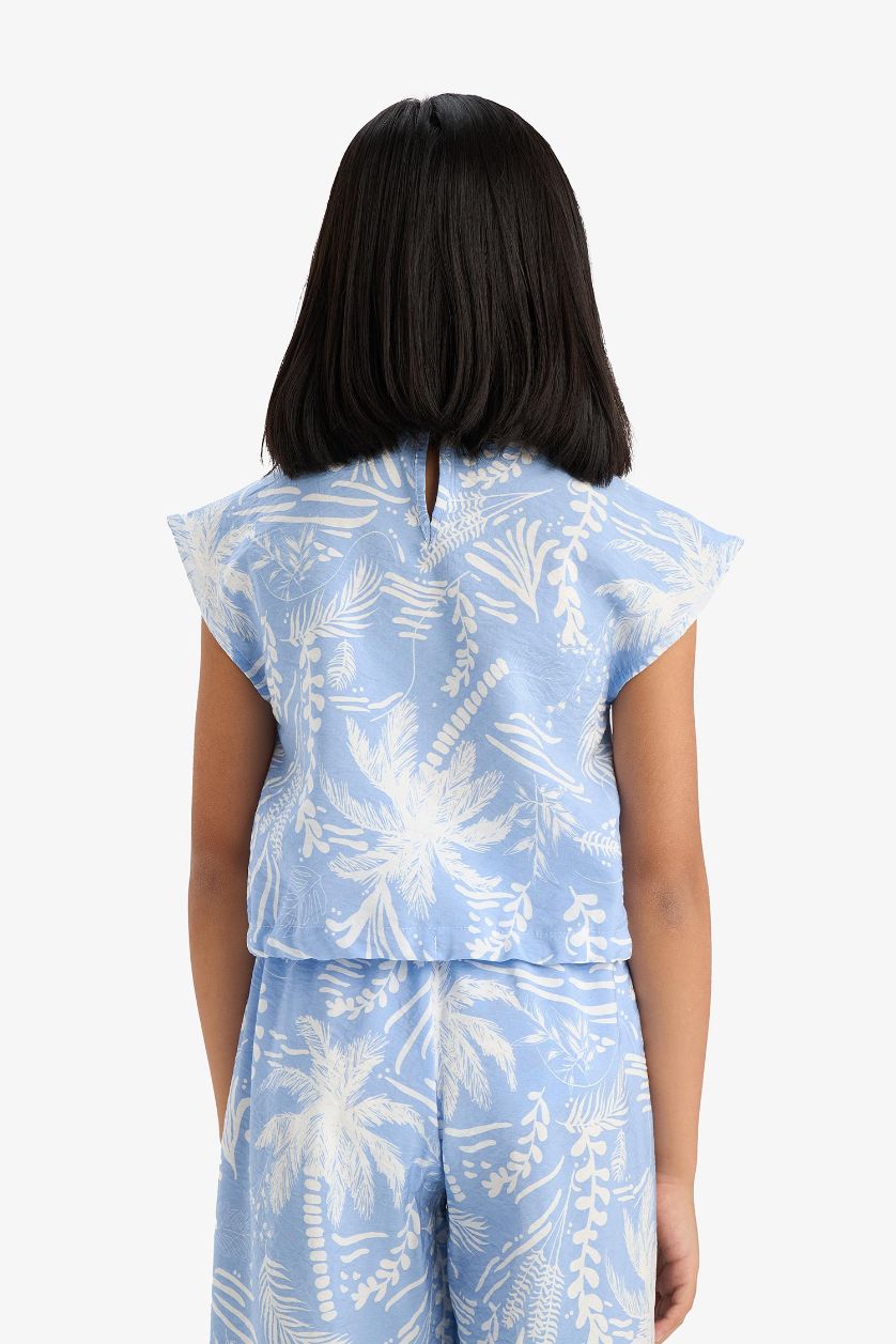 Kız Çocuk - Genç Kız Mavi Desenli Kısa Kollu Bluz Kız Çocuk