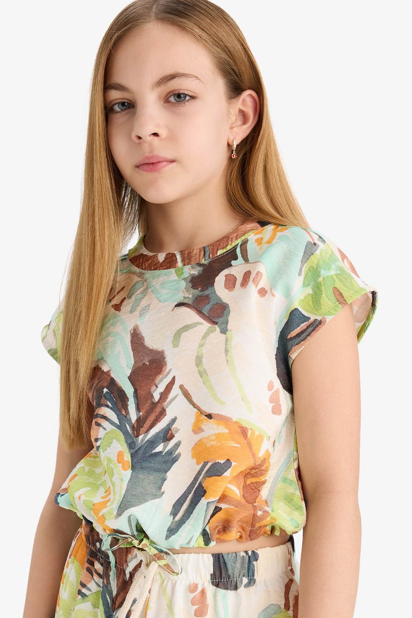 بناتي أخضر بلوزة كتان بناتي نص كم منقوش أخضر