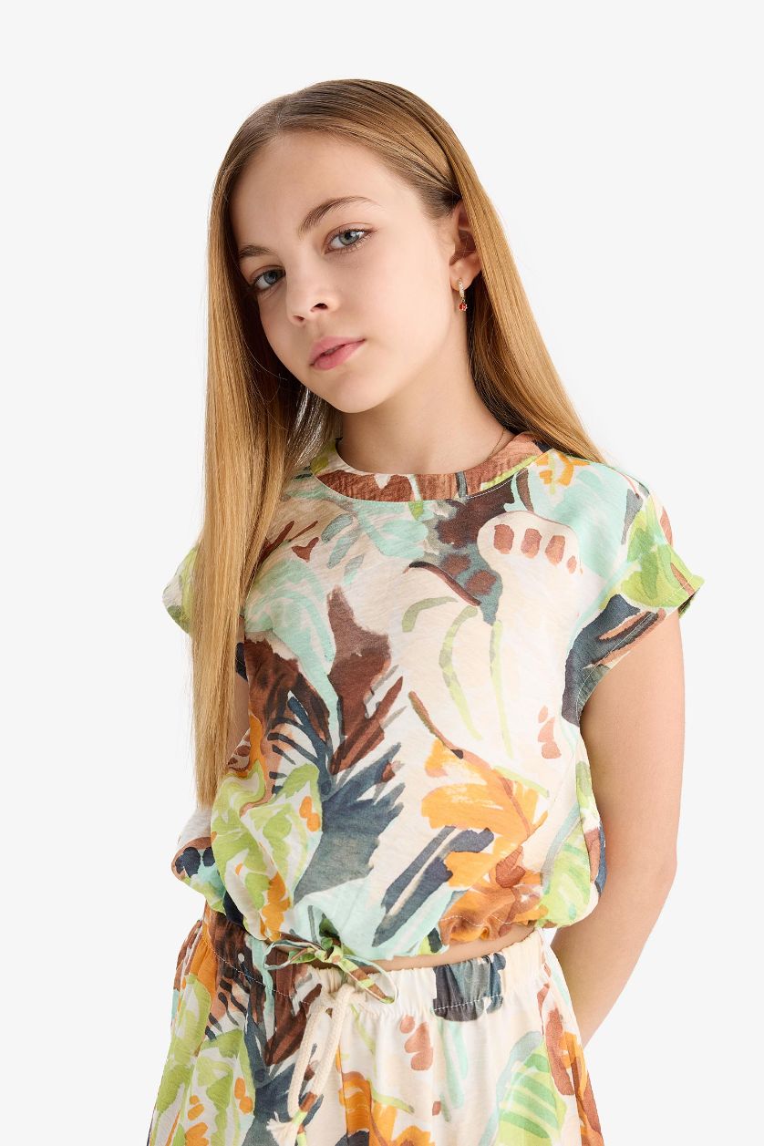 بناتي أخضر بلوزة كتان بناتي نص كم منقوش أخضر