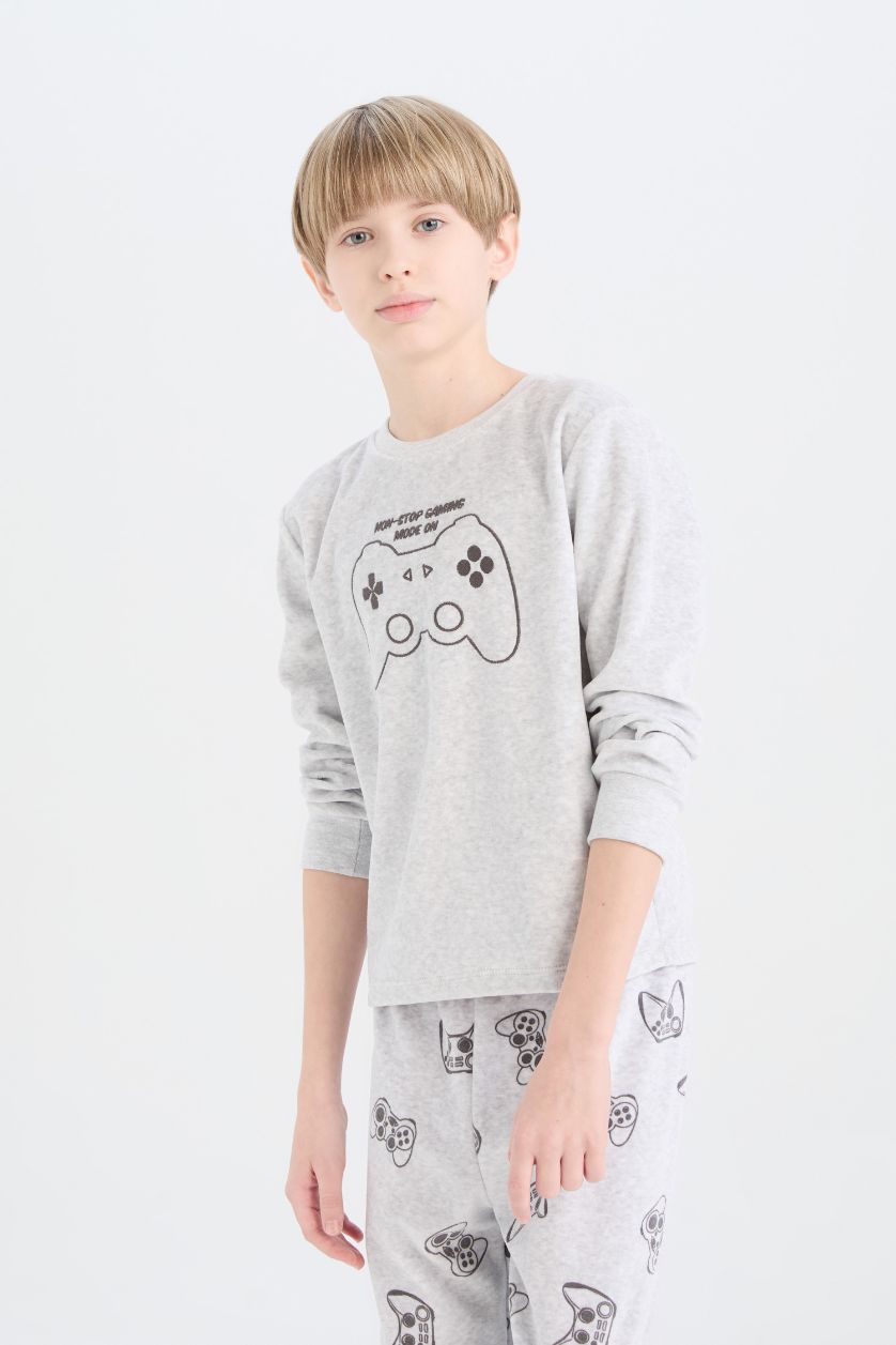 Erkek Çocuk - Genç Erkek Optik Gri Melanj Kadife Pijama Takımı Baskılı Uzun Kollu Üst Uzun Alt Erkek Çocuk