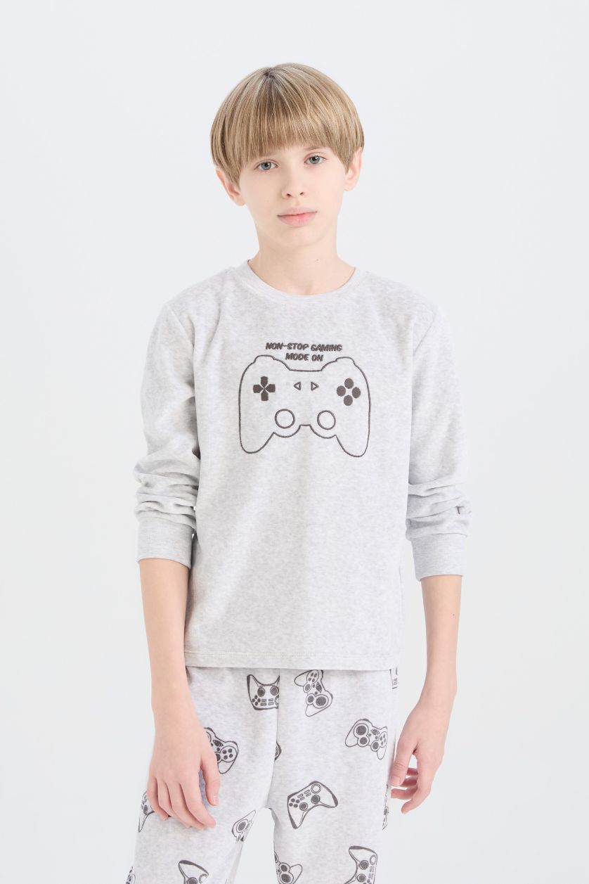 Erkek Çocuk - Genç Erkek Optik Gri Melanj Kadife Pijama Takımı Baskılı Uzun Kollu Üst Uzun Alt Erkek Çocuk