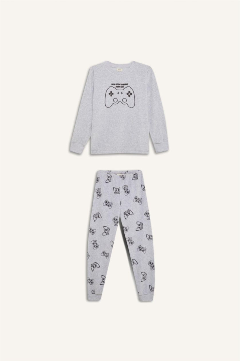 Erkek Çocuk - Genç Erkek Optik Gri Melanj Kadife Pijama Takımı Baskılı Uzun Kollu Üst Uzun Alt Erkek Çocuk