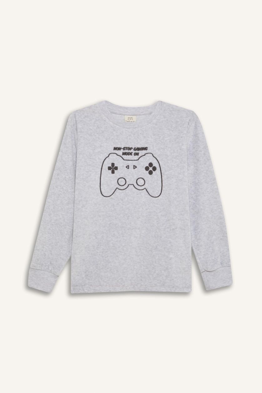 Erkek Çocuk - Genç Erkek Optik Gri Melanj Kadife Pijama Takımı Baskılı Uzun Kollu Üst Uzun Alt Erkek Çocuk