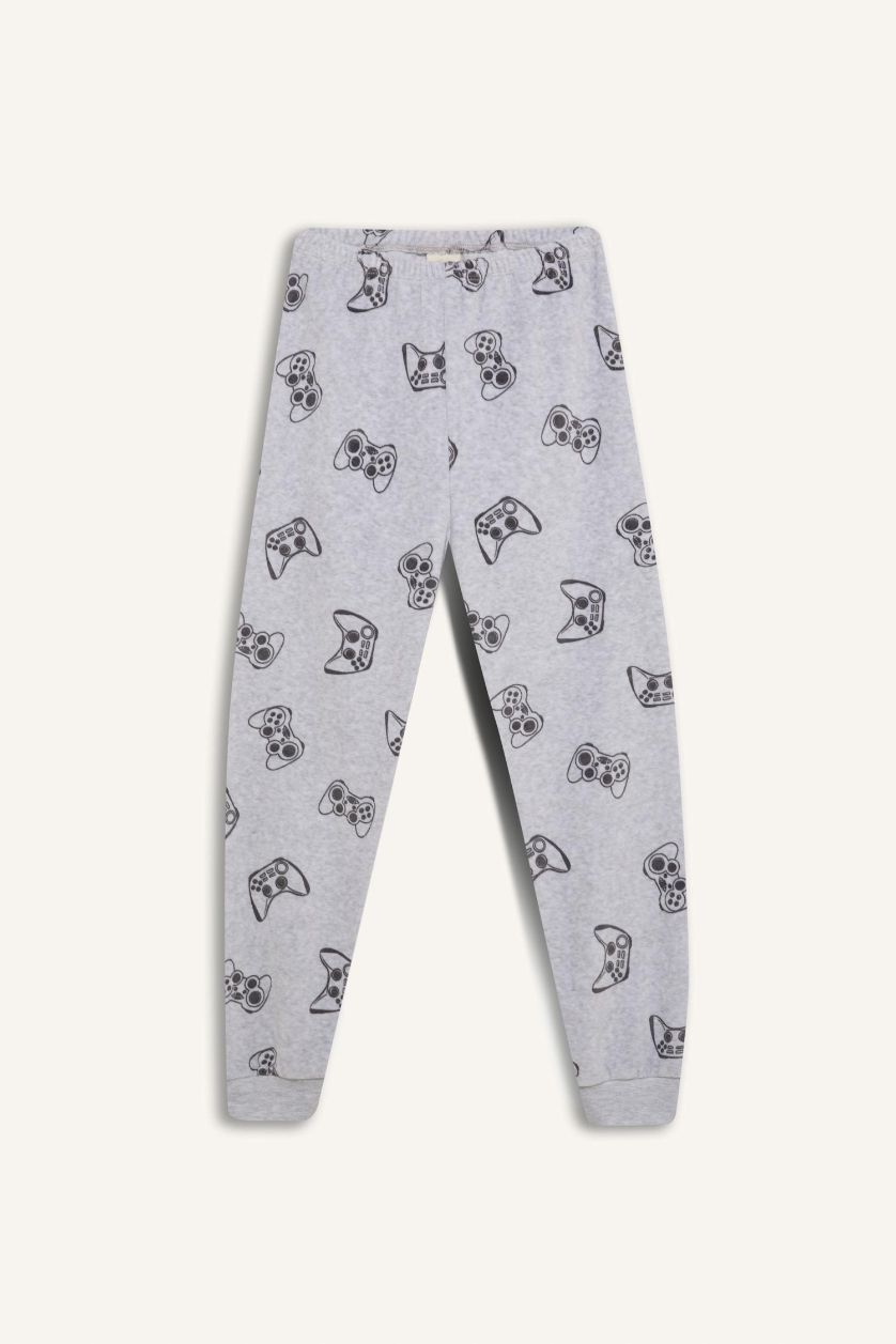 Erkek Çocuk - Genç Erkek Optik Gri Melanj Kadife Pijama Takımı Baskılı Uzun Kollu Üst Uzun Alt Erkek Çocuk