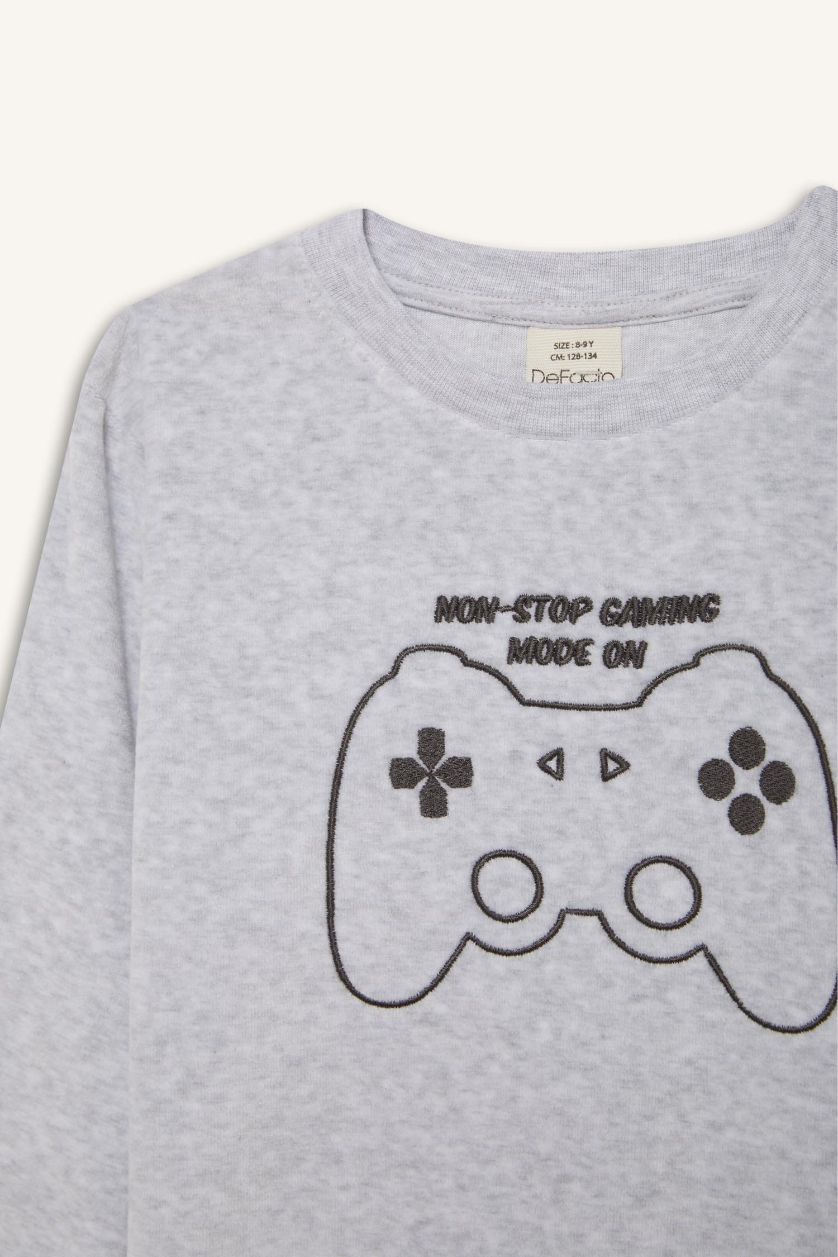 Erkek Çocuk - Genç Erkek Optik Gri Melanj Kadife Pijama Takımı Baskılı Uzun Kollu Üst Uzun Alt Erkek Çocuk