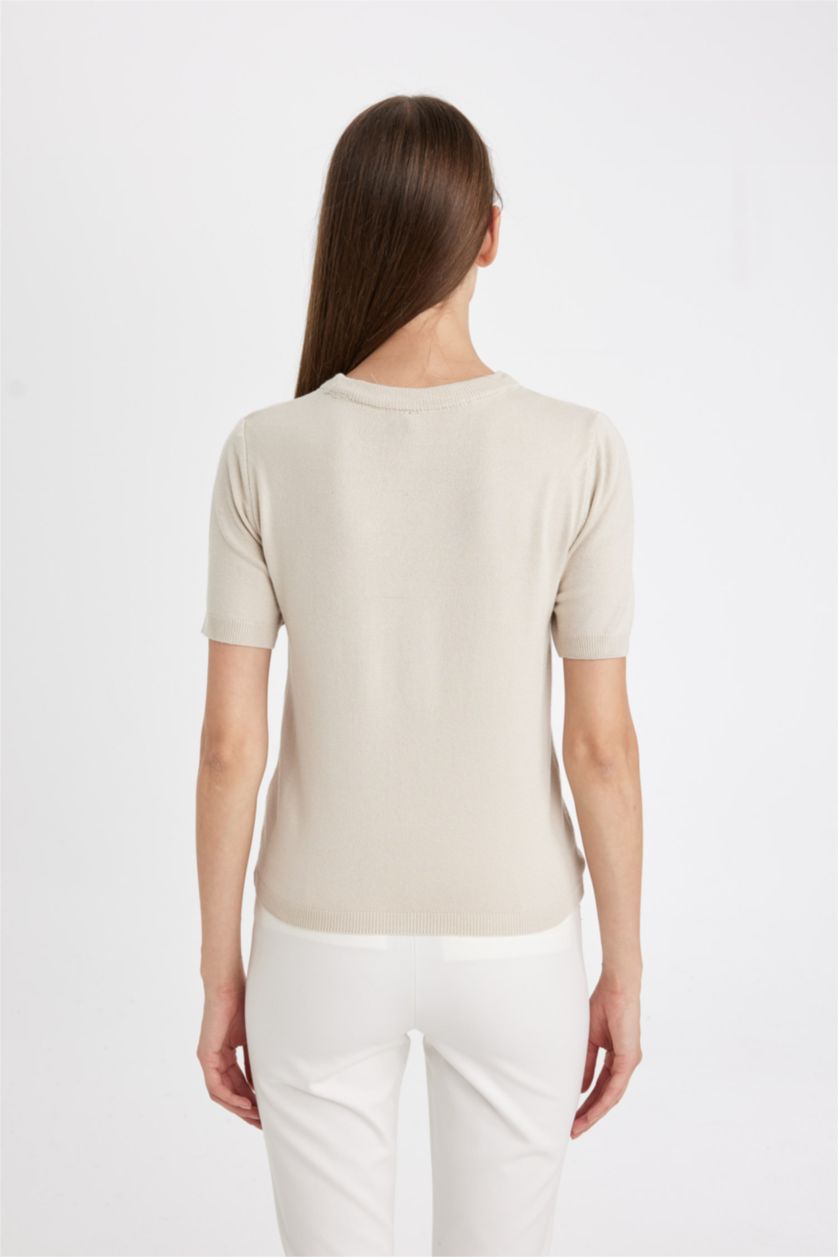 WOMAN Beige Regular Fit Soft Textured Short Sleeve Knit Pullover