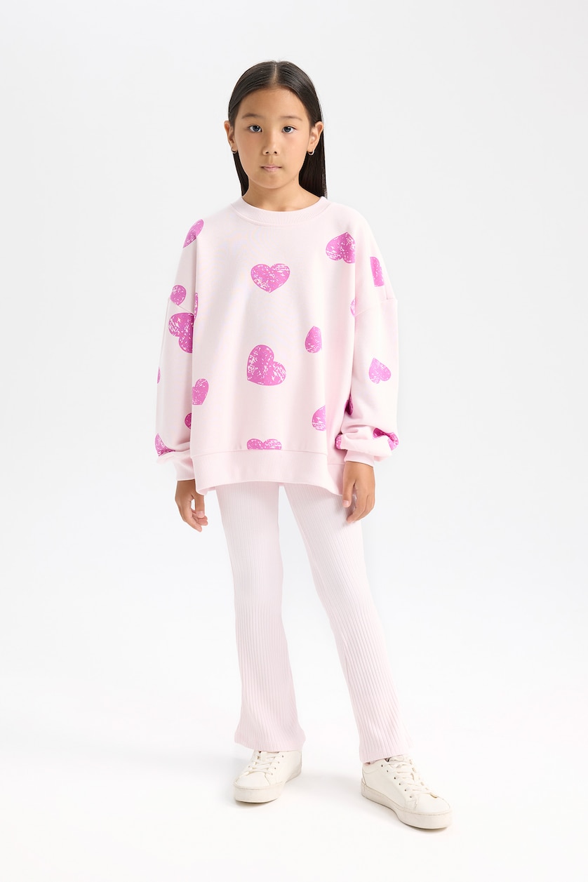 Kız Çocuk - Genç Kız Açık Pembe Kız Çocuk 2'li Takım Kalp Desenli Sweatshirt İspanyol Paça Tayt