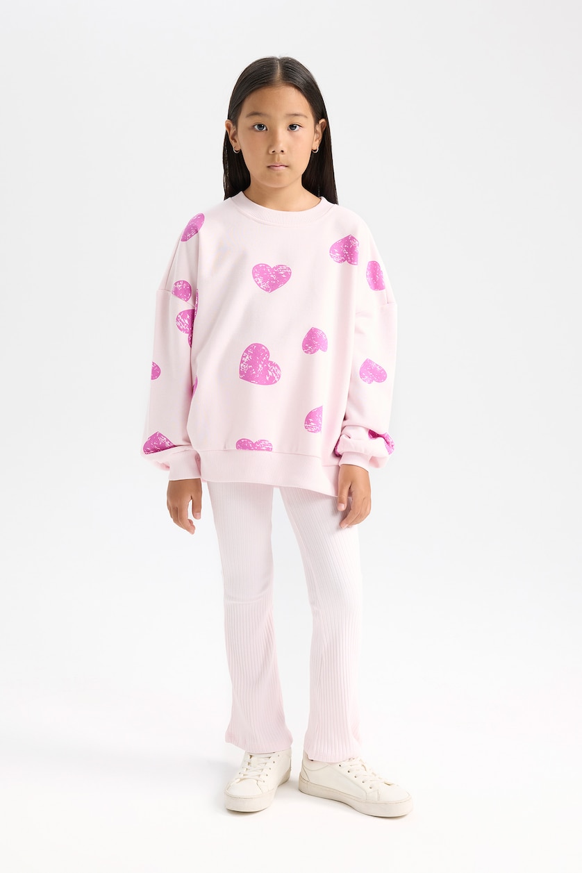 Kız Çocuk - Genç Kız Açık Pembe Kız Çocuk 2'li Takım Kalp Desenli Sweatshirt İspanyol Paça Tayt