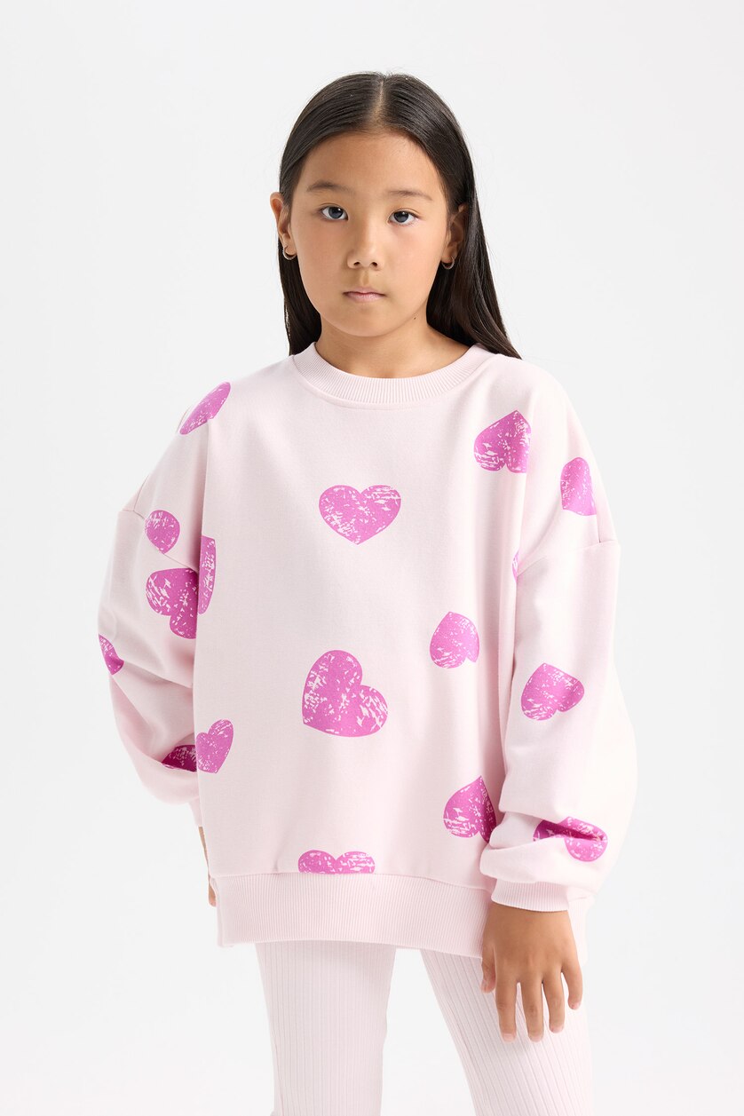 Kız Çocuk - Genç Kız Açık Pembe Kız Çocuk 2'li Takım Kalp Desenli Sweatshirt İspanyol Paça Tayt