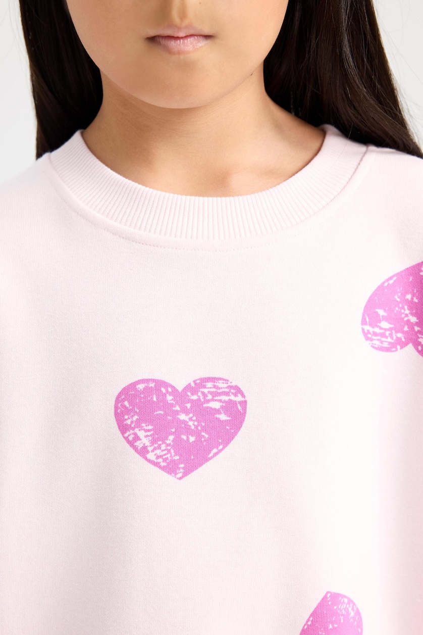 Kız Çocuk - Genç Kız Açık Pembe Kız Çocuk 2'li Takım Kalp Desenli Sweatshirt İspanyol Paça Tayt