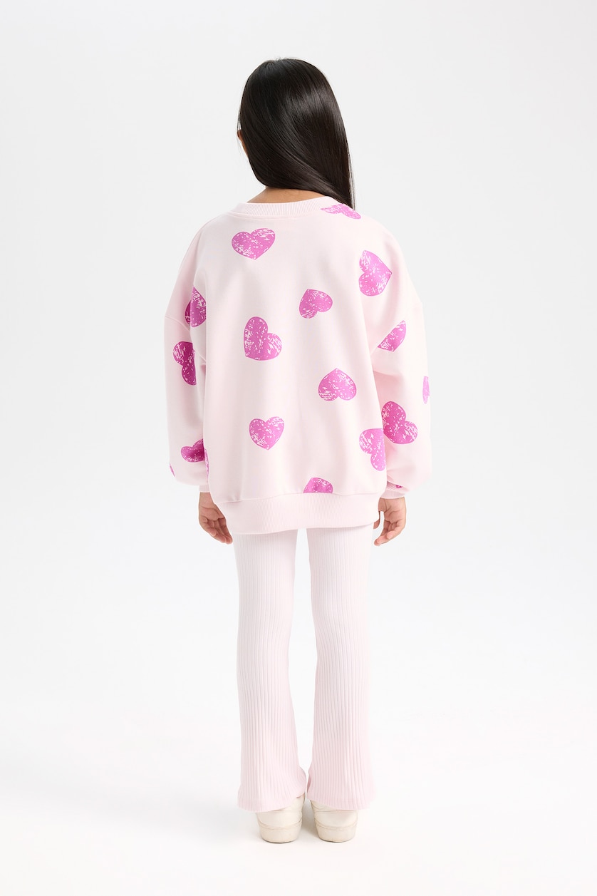 Kız Çocuk - Genç Kız Açık Pembe Kız Çocuk 2'li Takım Kalp Desenli Sweatshirt İspanyol Paça Tayt