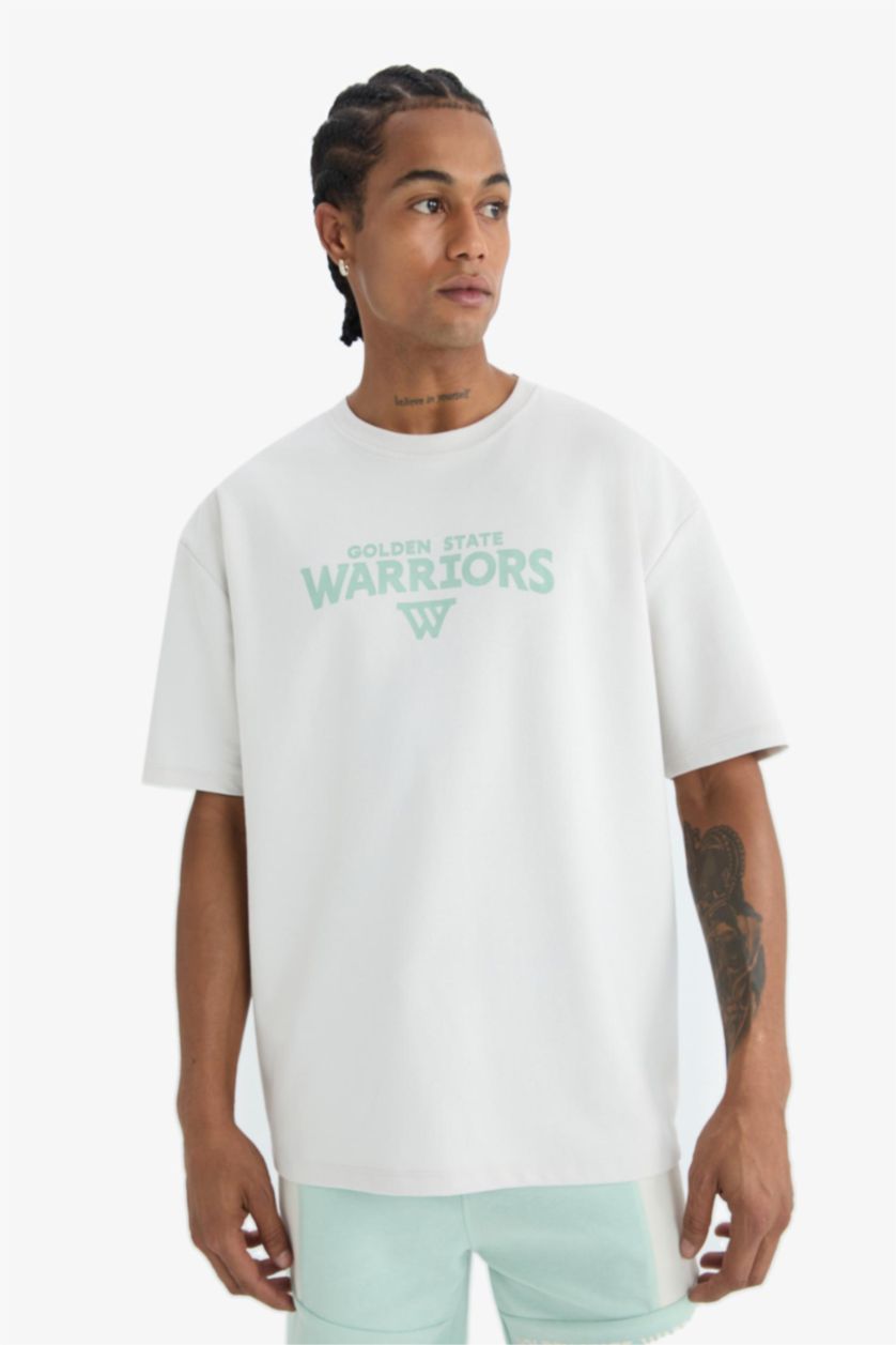 Erkek Taş NBA Golden State Warriors Oversize Geniş Kalıp Bisiklet Yaka Sırt Baskılı Kısa Kollu Tişört