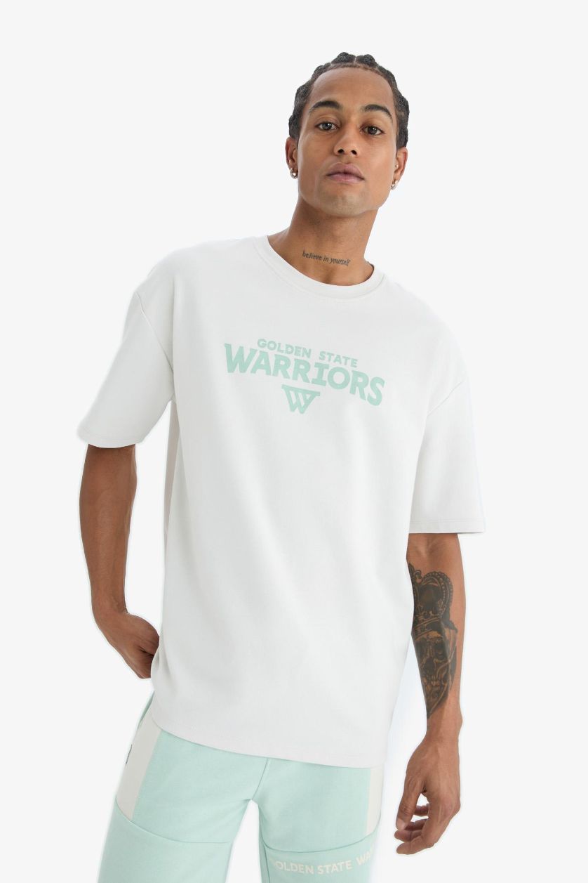 Erkek Taş NBA Golden State Warriors Oversize Geniş Kalıp Bisiklet Yaka Sırt Baskılı Kısa Kollu Tişört