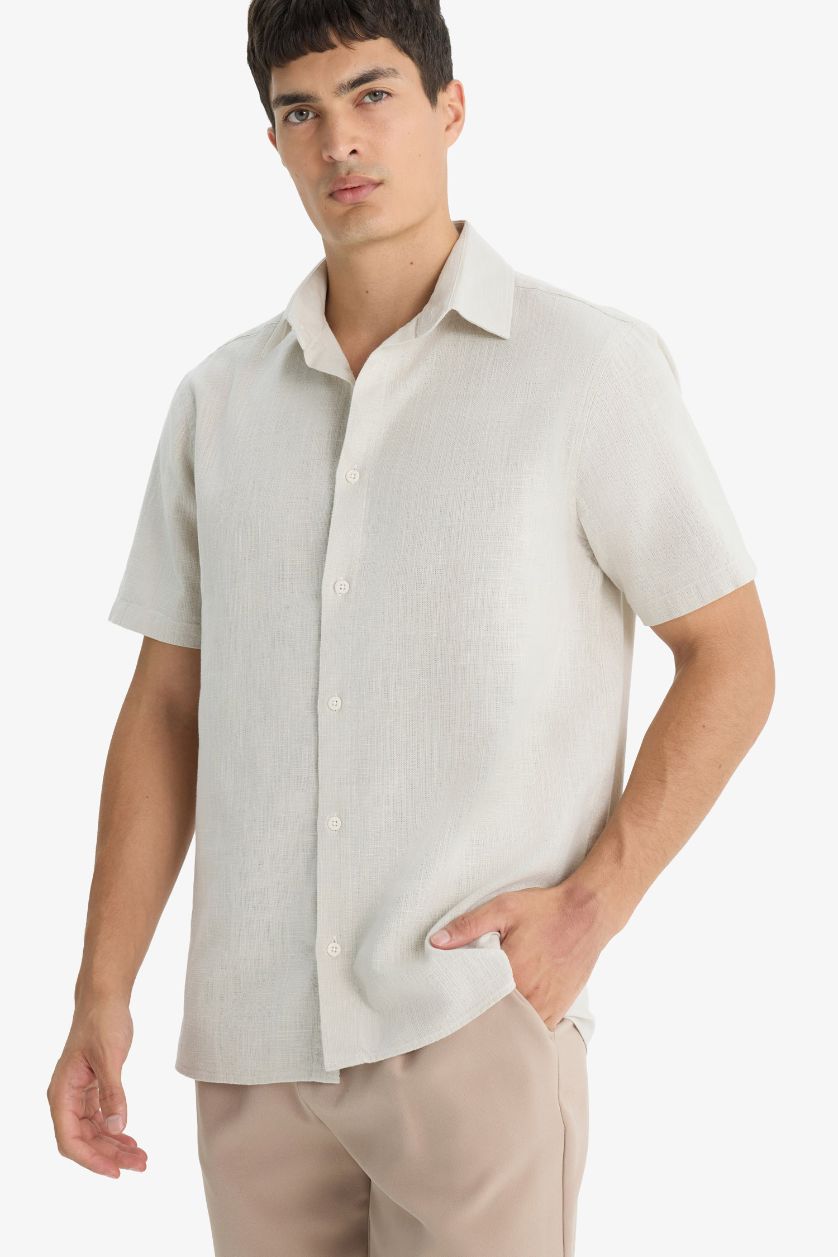 MAN Beige Regular Fit Polo Collar Linen Look Cotton Summer Shirt