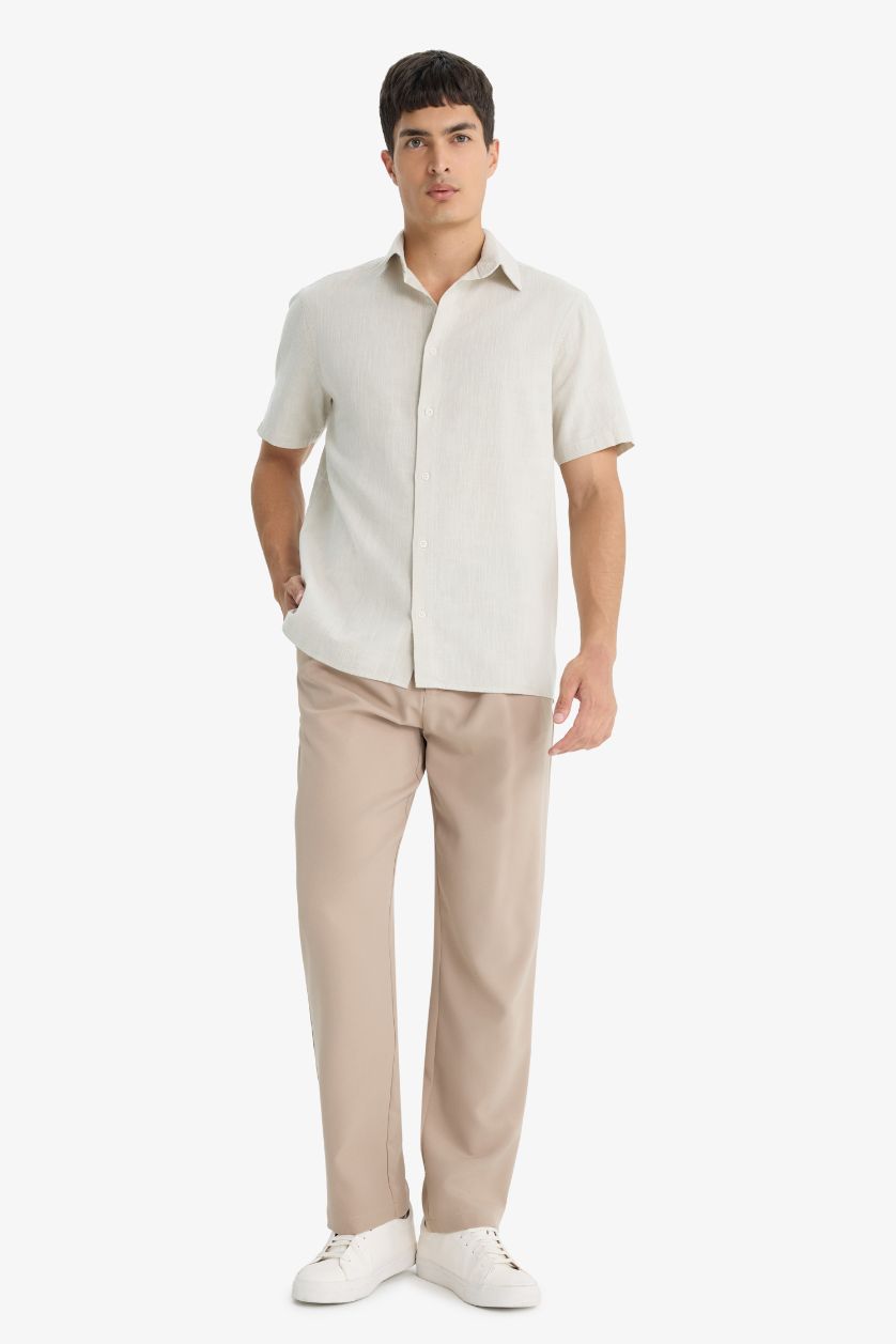 MAN Beige Regular Fit Polo Collar Linen Look Cotton Summer Shirt