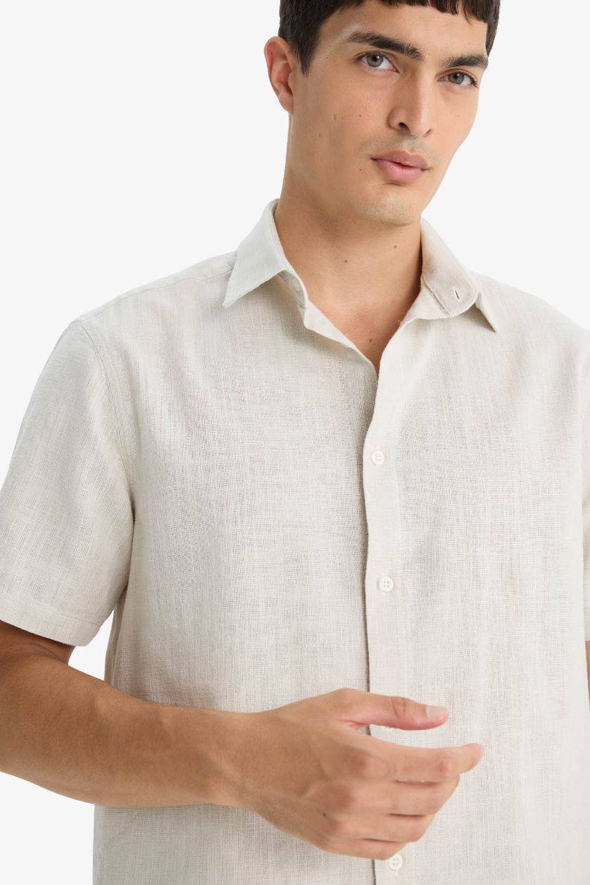 MAN Beige Regular Fit Polo Collar Linen Look Cotton Summer Shirt