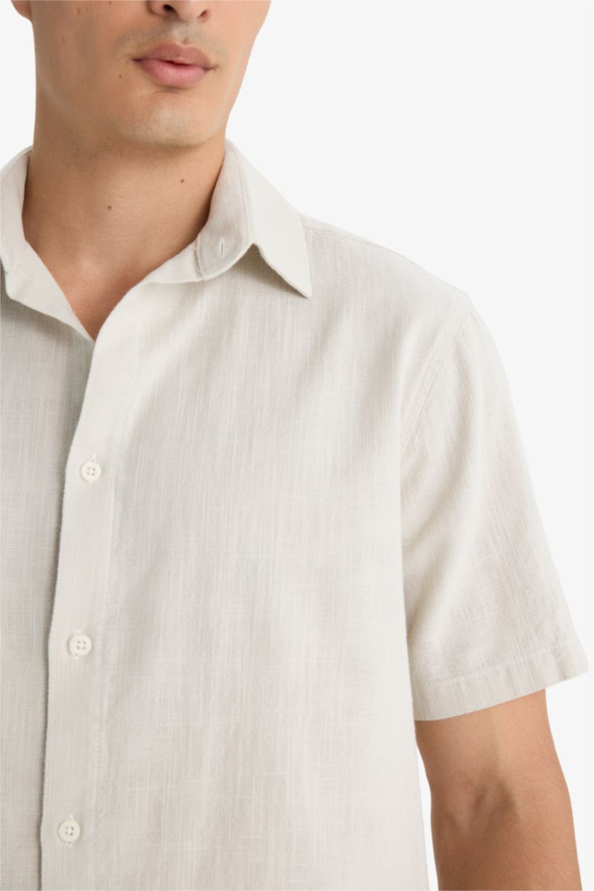 MAN Beige Regular Fit Polo Collar Linen Look Cotton Summer Shirt