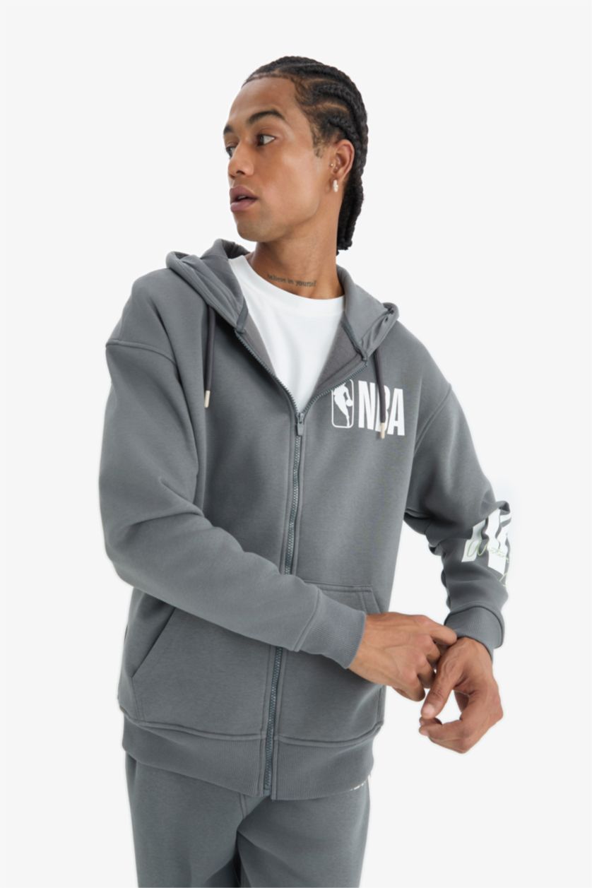 MAN Dark Grey DeFactoFit NBA Wordmark Oversize Fit Thick Fabric Cardigan