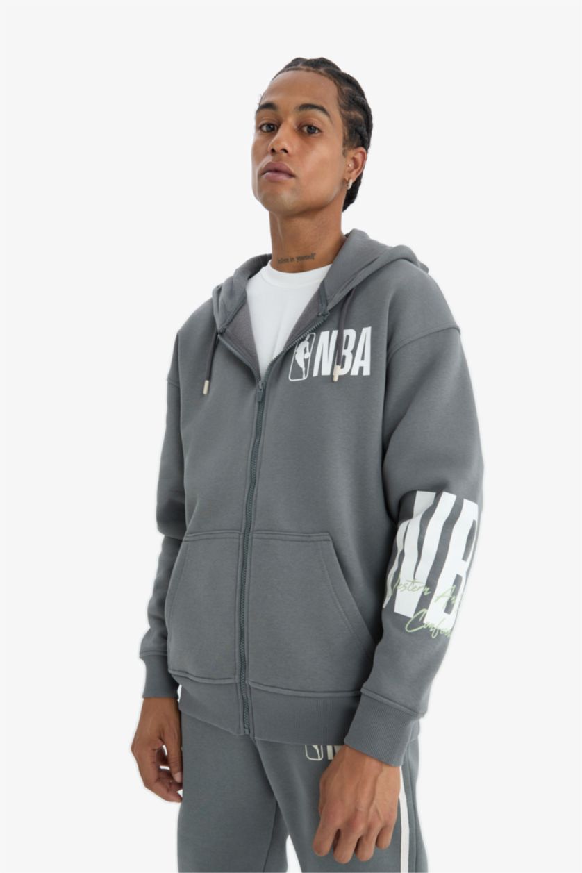 MAN Dark Grey DeFactoFit NBA Wordmark Oversize Fit Thick Fabric Cardigan