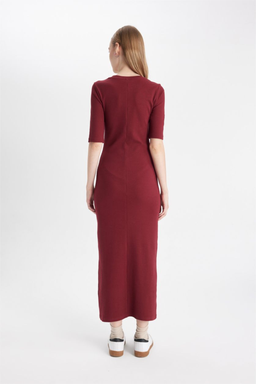 Kadın Bordo 	Bodycon Vücuda Oturan Bisiklet Yaka Basic Düz Fitilli Kaşkorse Kısa Kollu Maxi Bordo Elbise