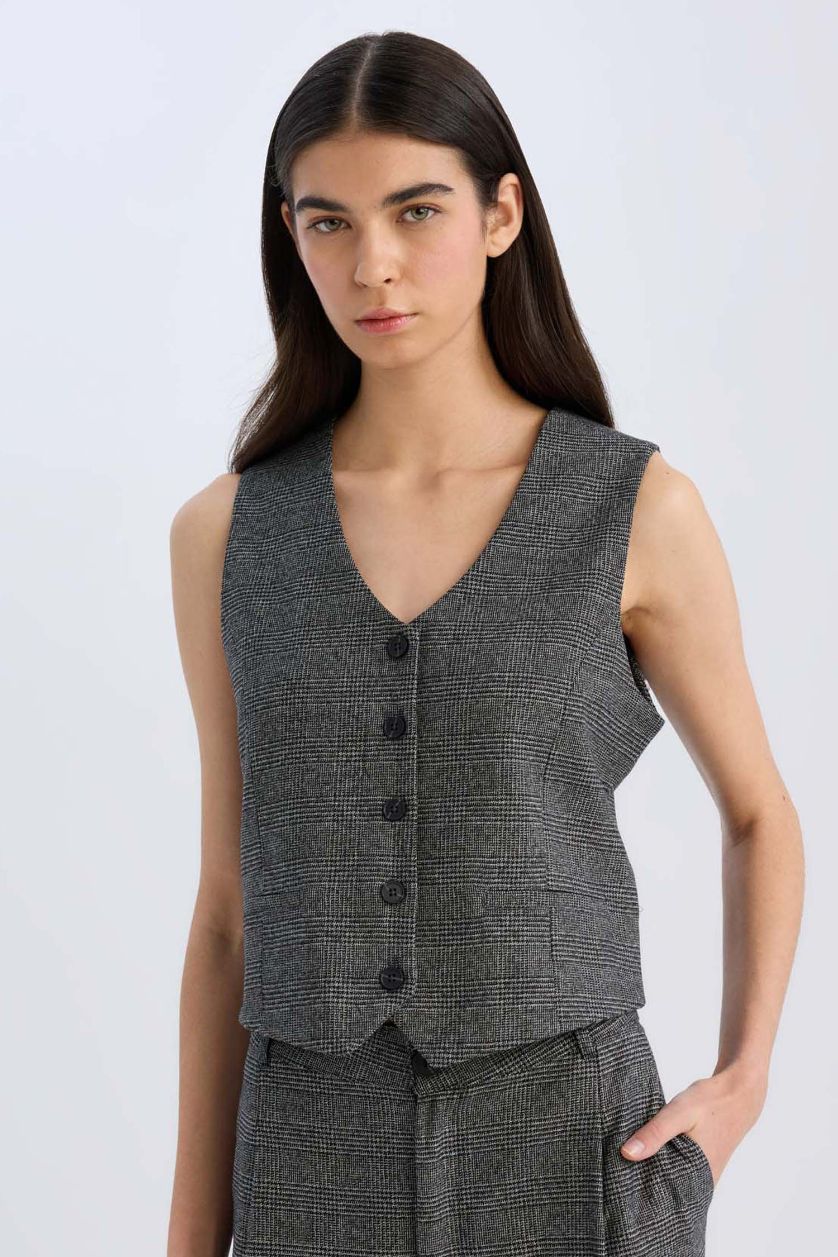 WOMAN Anthracite V Neck Checkered Button Closure Blazer Vest