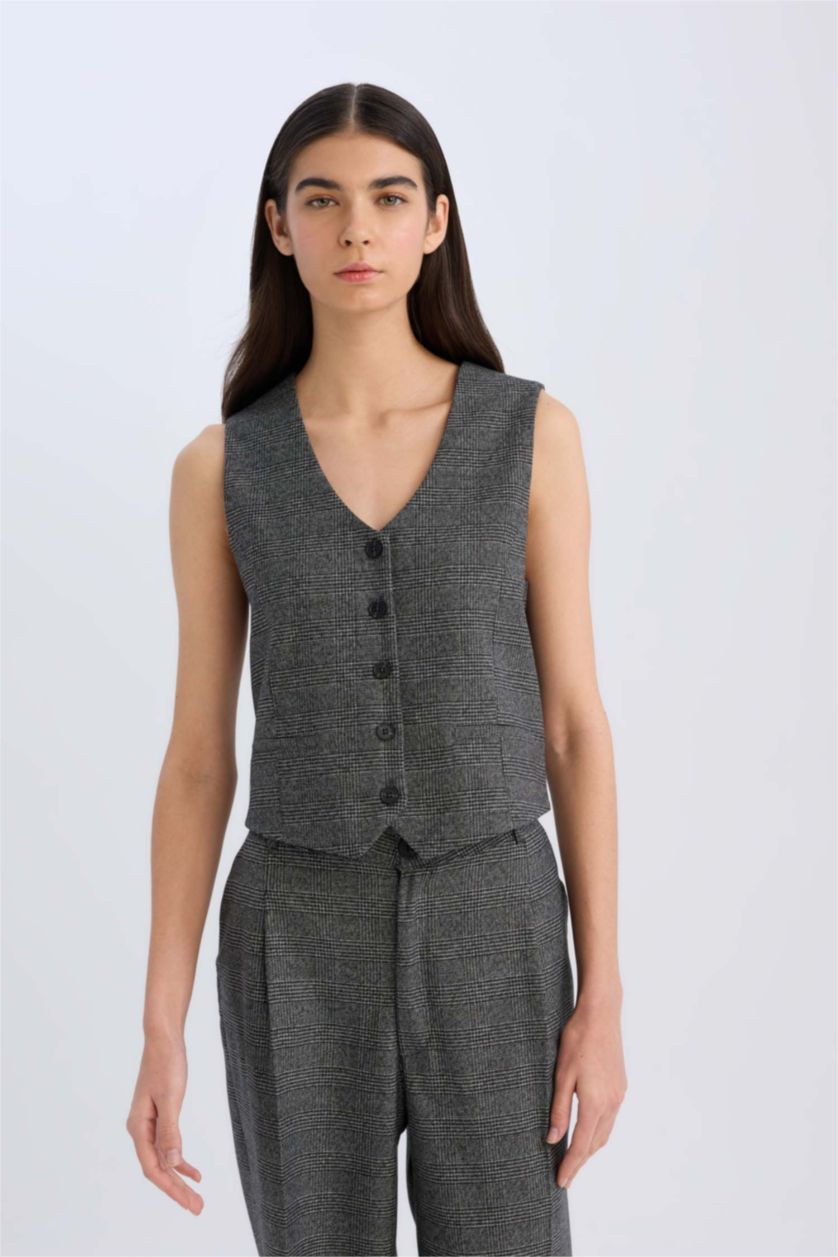 WOMAN Anthracite V Neck Checkered Button Closure Blazer Vest
