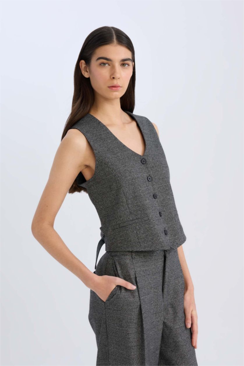 WOMAN Anthracite V Neck Checkered Button Closure Blazer Vest