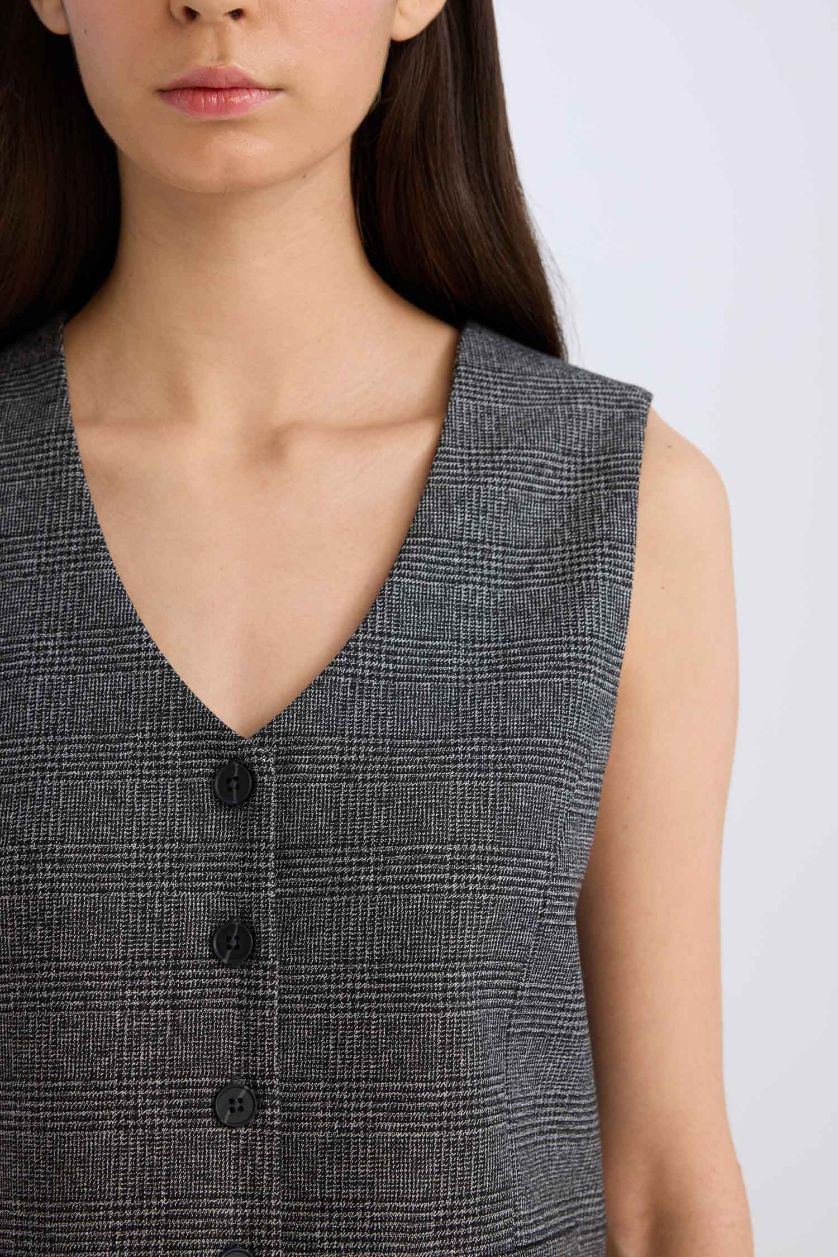 WOMAN Anthracite V Neck Checkered Button Closure Blazer Vest