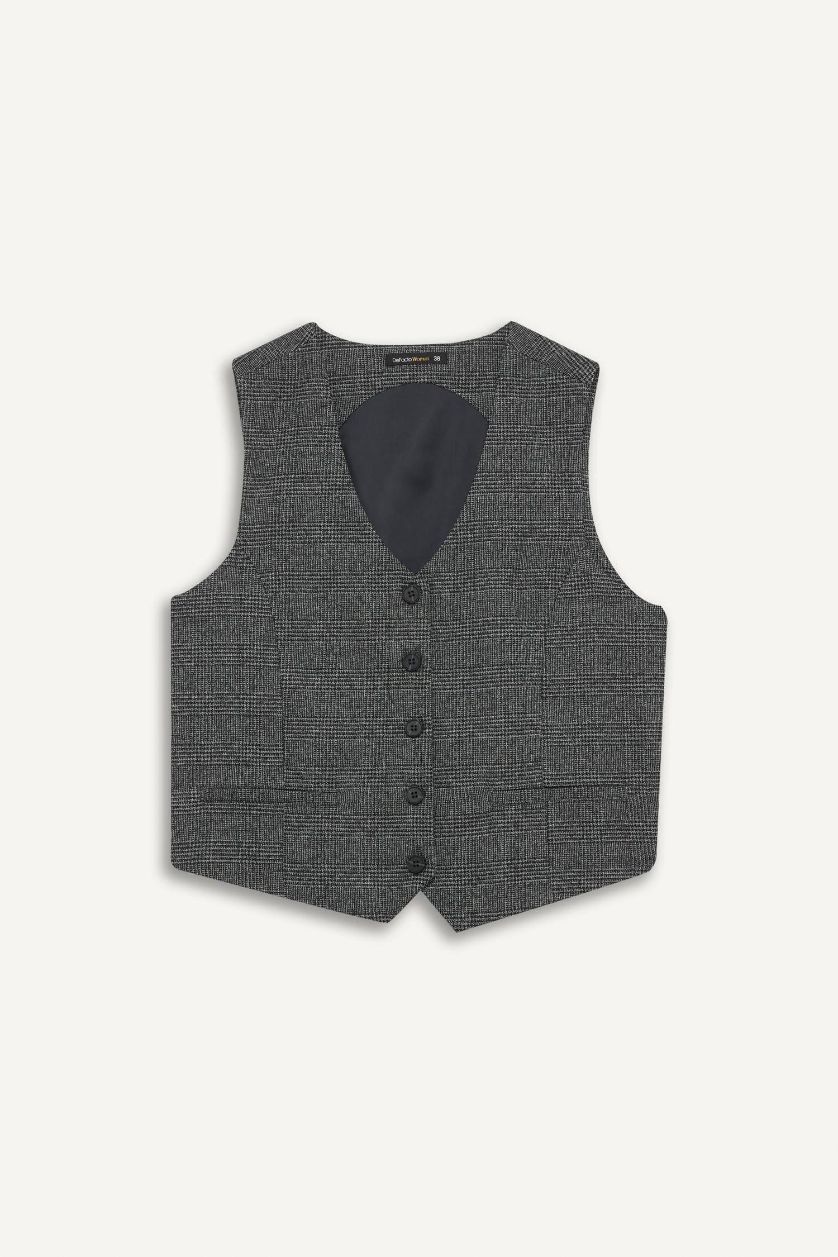 WOMAN Anthracite V Neck Checkered Button Closure Blazer Vest