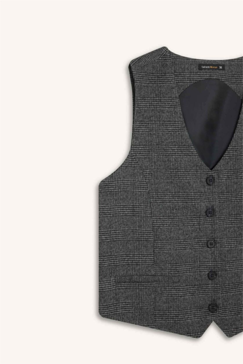 WOMAN Anthracite V Neck Checkered Button Closure Blazer Vest