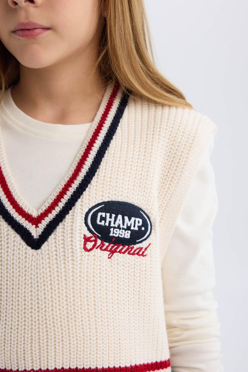 Kız Çocuk - Genç Kız Ekru V Yaka Nakışlı Triko Süveter Kız Çocuk